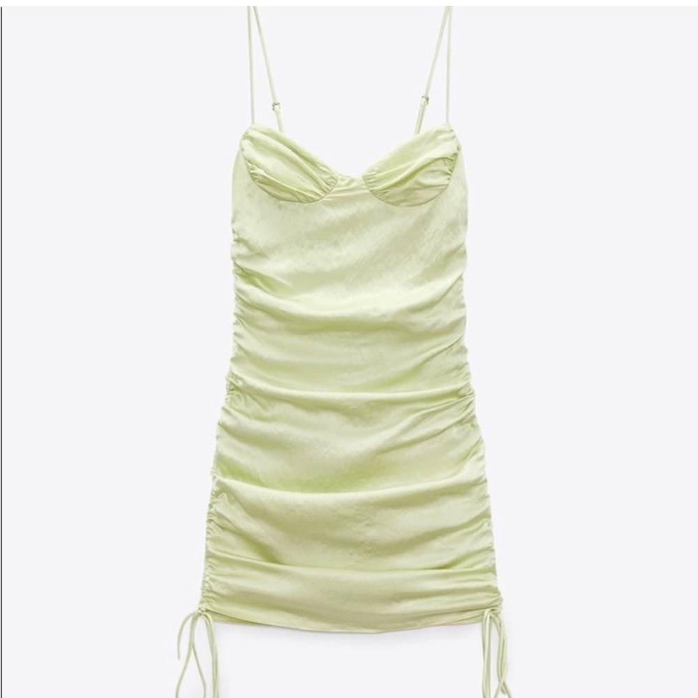 Zara Lime Green ruched satin effect dress